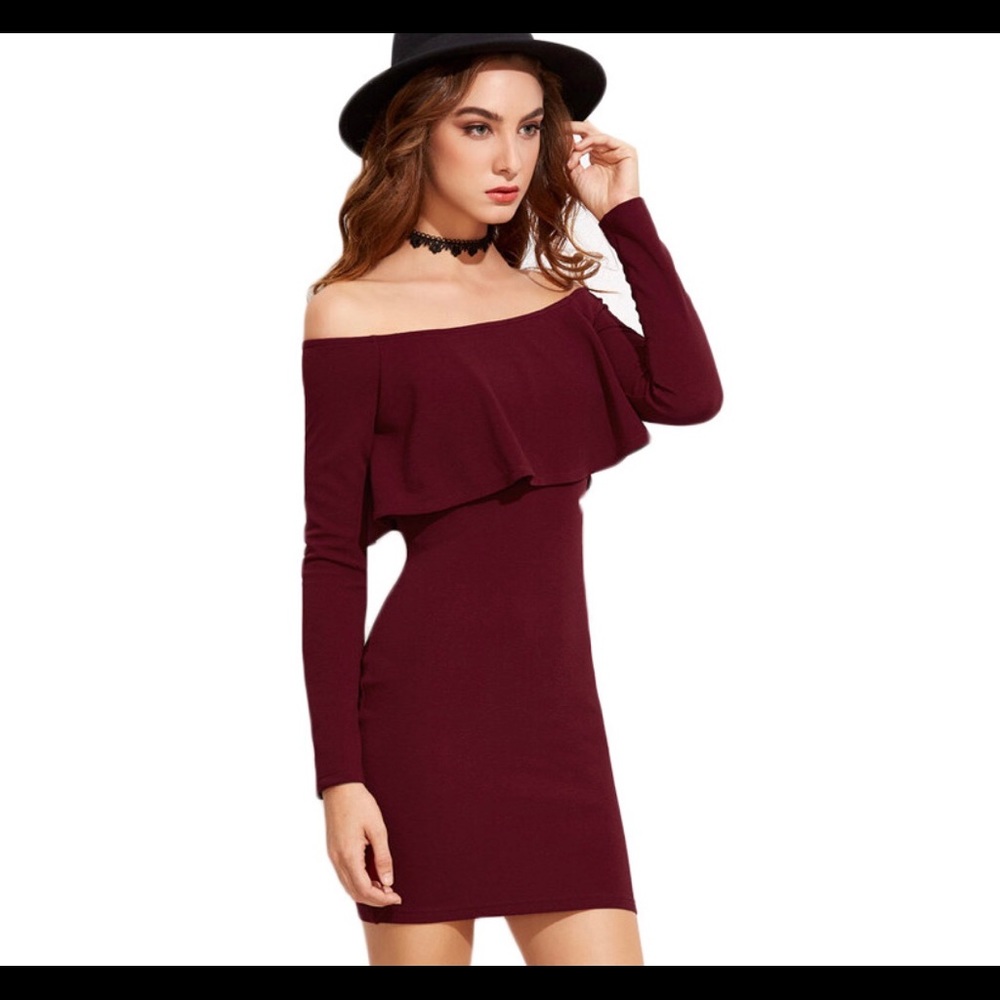 Long Sleeve Off The Shoulder Ruffle Mini Dress